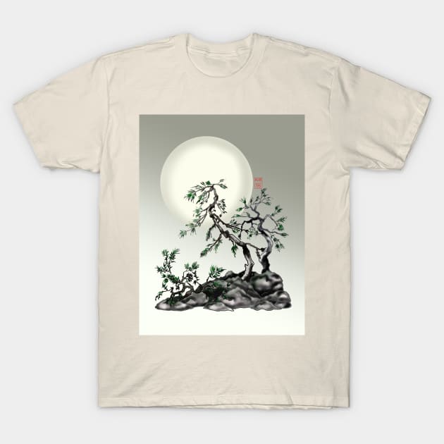 SumiE ink and watercolor chinese fir trees under a full moon T-Shirt by cuisinecat